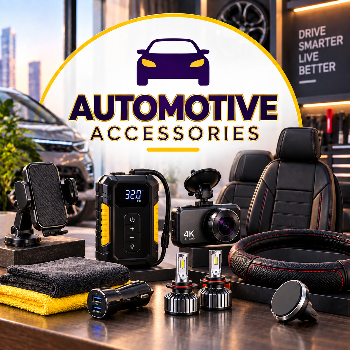 Automotive Accessories with gold outlined title