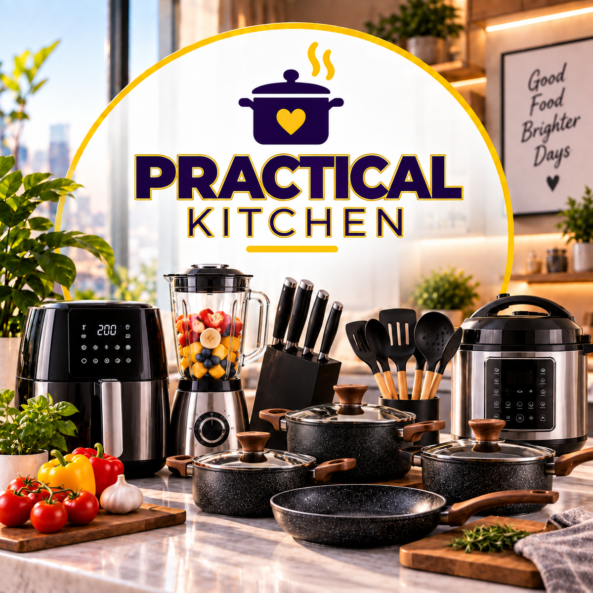 Practical Kitchen with gold outlined title