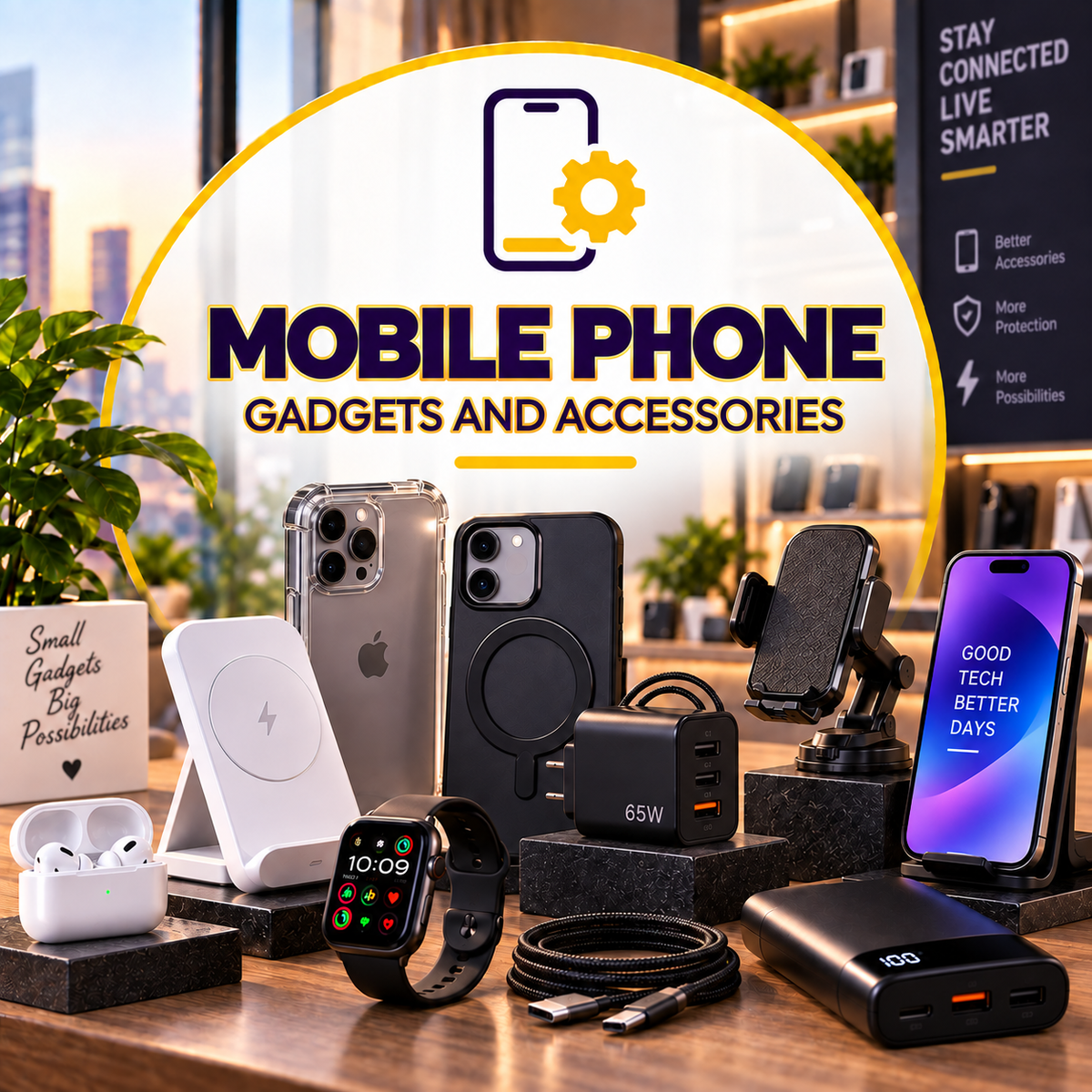 Mobile Phone Gadgets and Accessories with gold outlined title