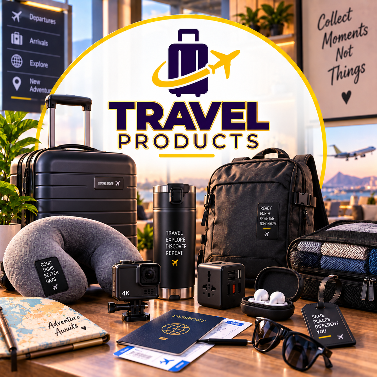 Travel Products with gold outlined title