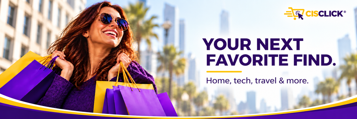 Your next favorite find. Home, tech, travel & more. Woman with CISCLICK purple and yellow shopping bags.